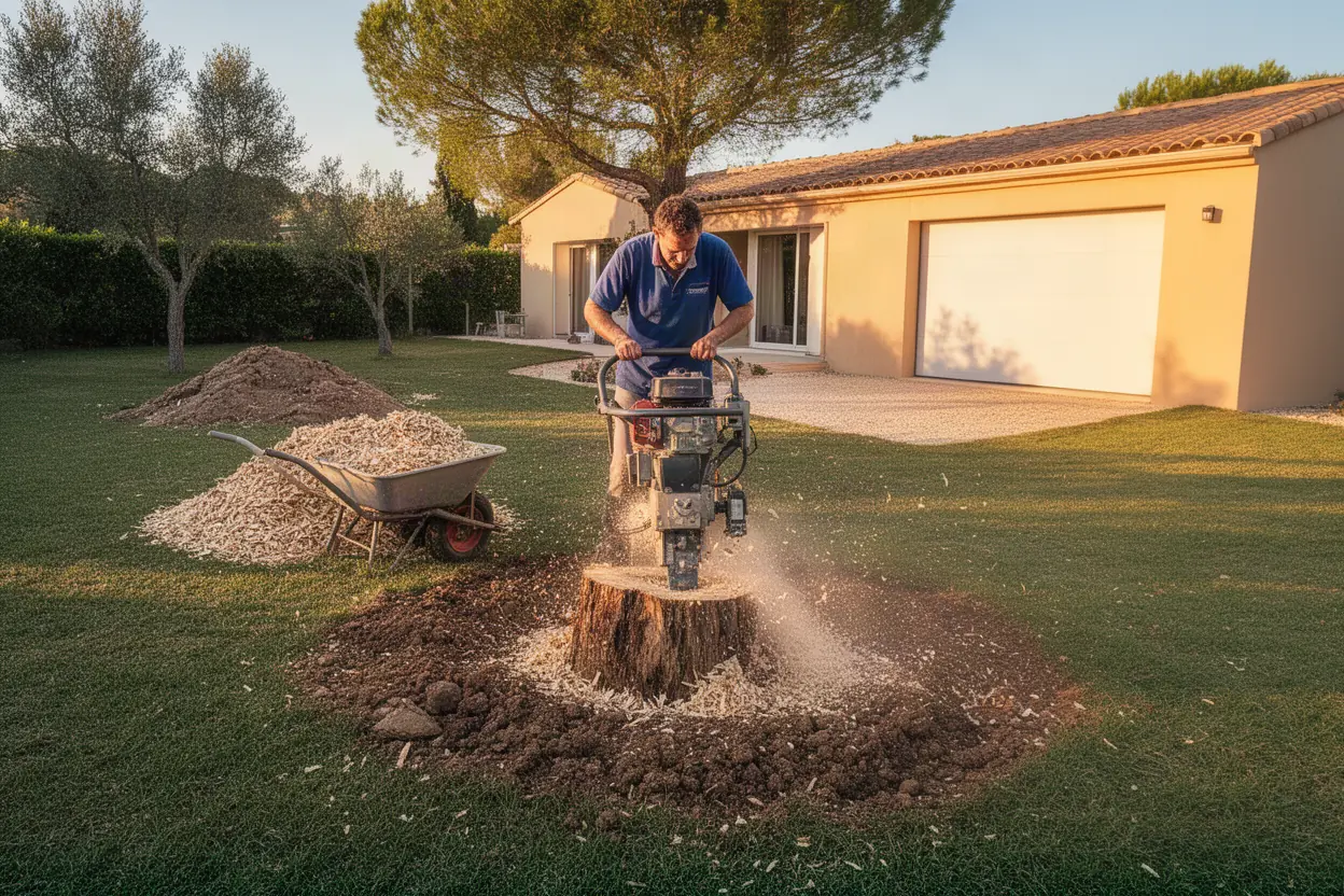 Rognage de souche d'arbre dans un jardin de Salon-de-Provence