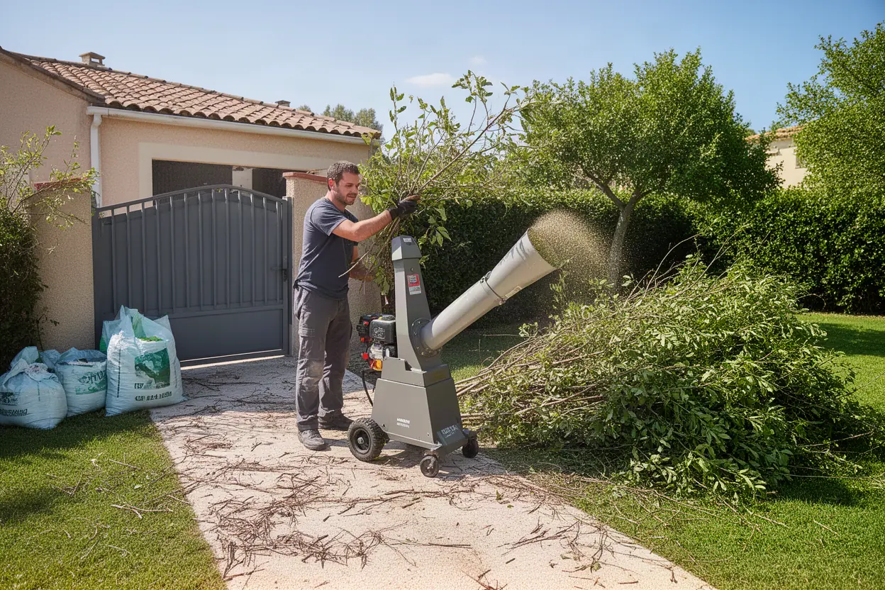 Broyage de branches après un chantier d'élagage à Grans
