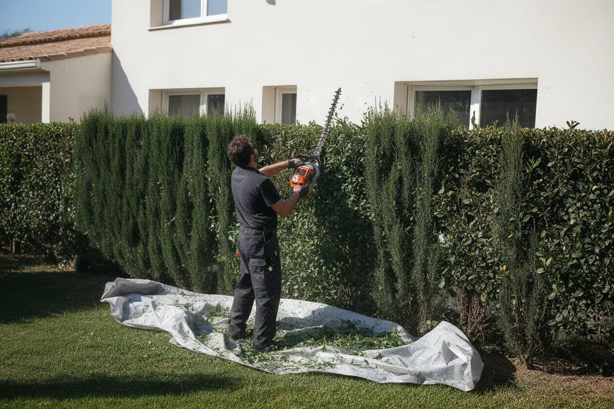 Taille d'une haie de cyprès en quartier pavillonnaire à Grans
